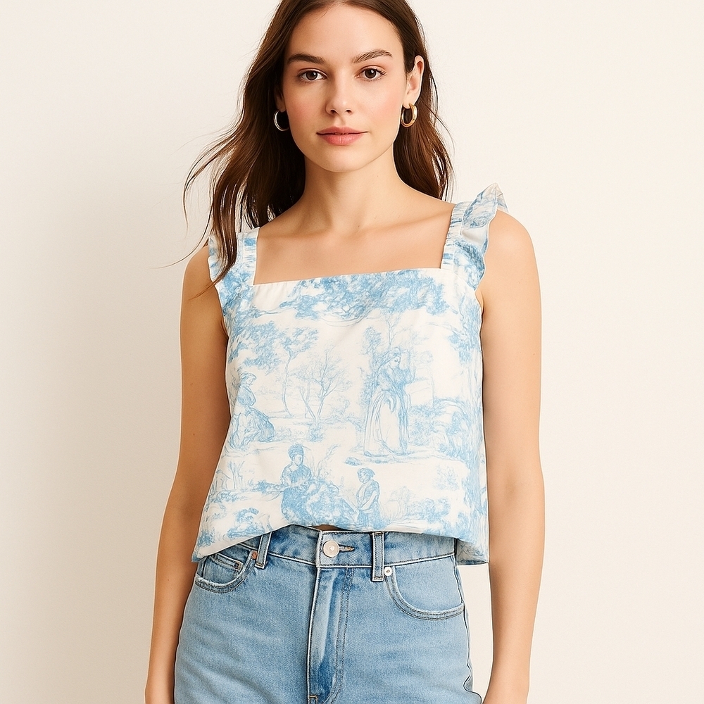 Gianni Bini Blue and White Toile Square Neck Tank size Large